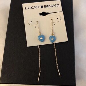 Lucky Brand Gold Tone Threader Drop Earrings Blue Enamel Heart & Crystal NWT